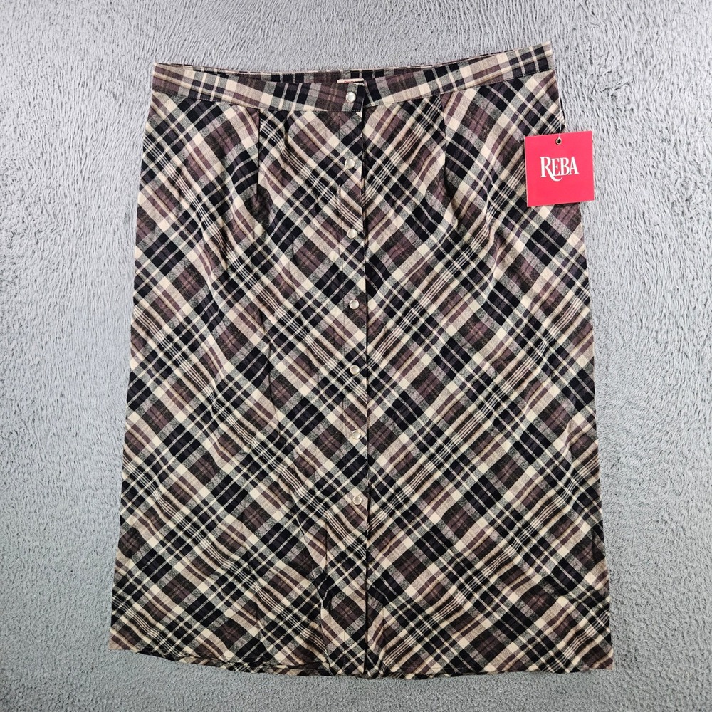 Reba Women Brown Plaid Cotton Button Front Midi Skirt Size 12 Western Snap Front